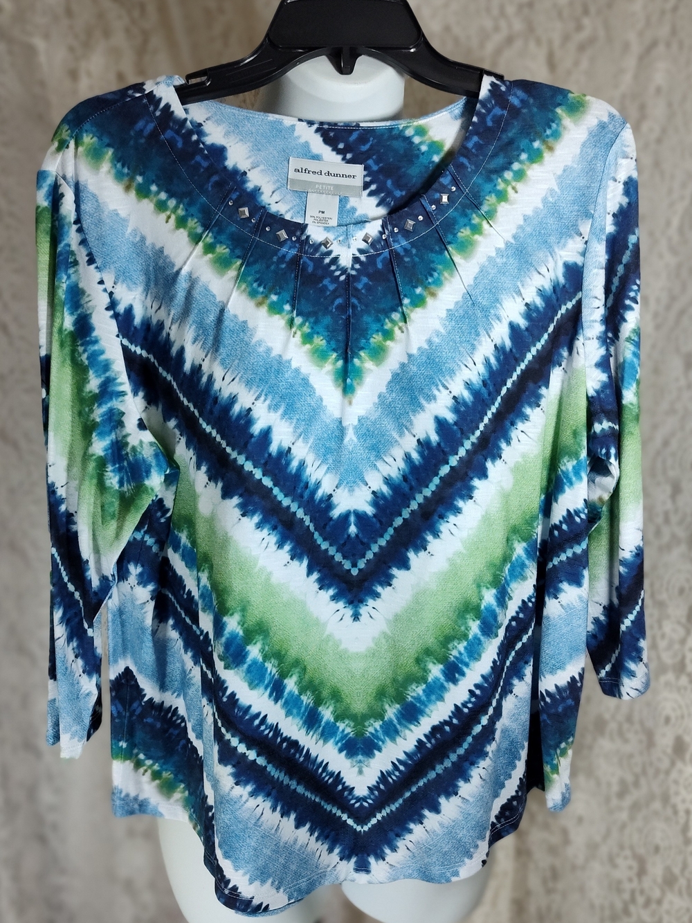 Alfred Dunner Blue, Green & White Chevron Tie-Dye Long Sleeve Top